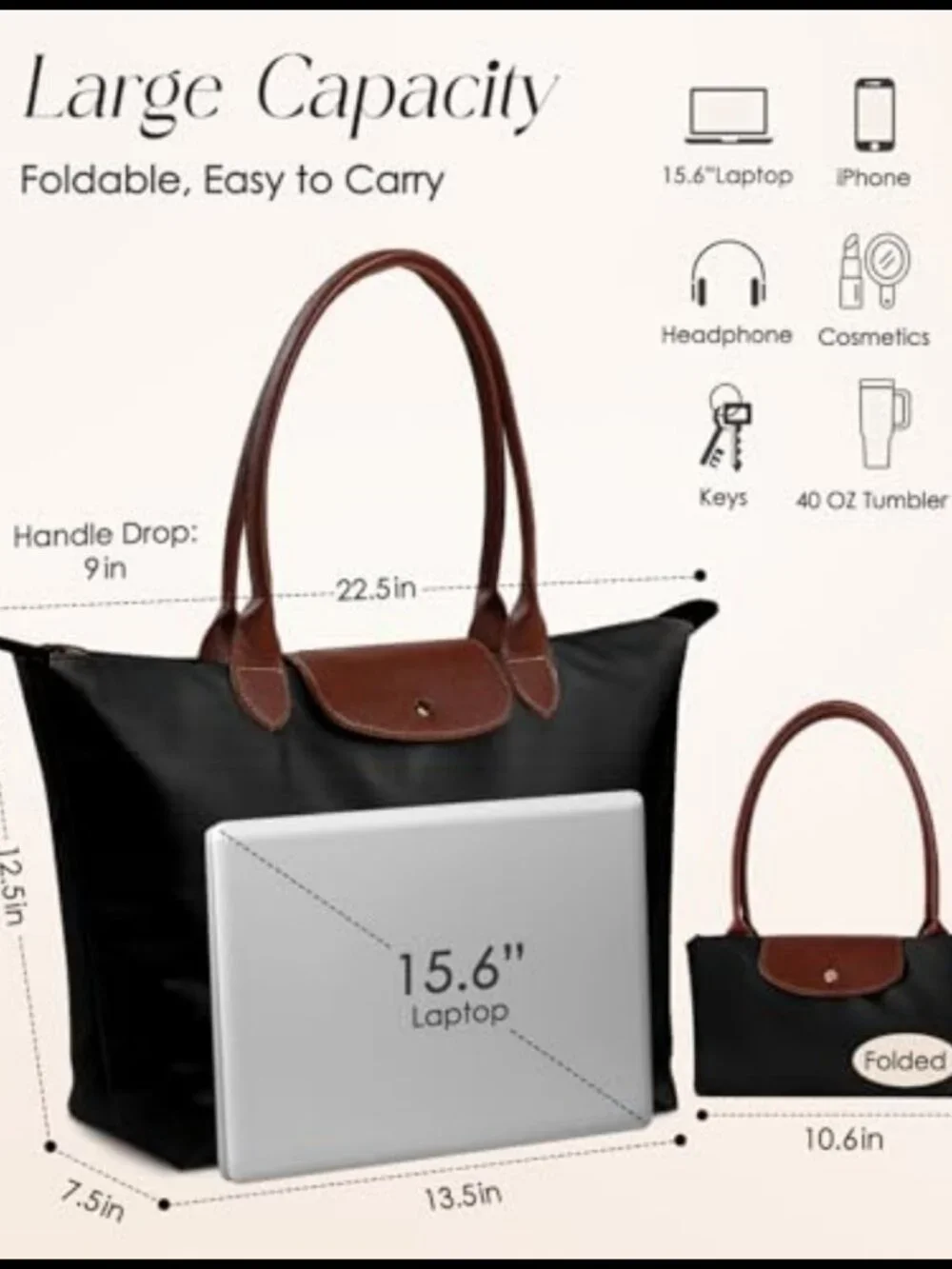 Nylon Tote Bag Foldable Waterproof Zipper Shoulder Bag Fits 16 inch Laptop